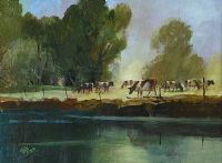 CATTLE GRAZING BY THE RIVER LAGAN by Robert D. Beattie at Ross's Online Art Auctions