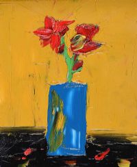 RED FLOWERS IN A BLUE VASE by Jayne Taylor at Ross's Online Art Auctions