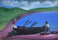 LAUNCHING THE CURRACH by James Bingham at Ross's Online Art Auctions