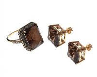 9CT GOLD RING AND EARRINGS SET WITH SMOKY QUARTZ at Ross's Online Art Auctions