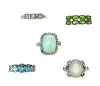 FIVE 9CT STERLING SILVER AND 9CT GOLD GEM-SET RINGS OF GREEN-BLUE THEME at Ross's Online Art Auctions