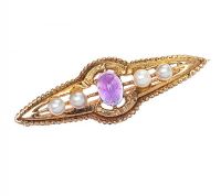 9CT GOLD AMETHYST AND SEED PEARL BROOCH at Ross's Online Art Auctions