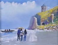 PEOPLE ON DOWNHILL BEACH LOOKING AT MUSSENDEN TEMPLE by Sean Lorinyenko at Ross's Online Art Auctions