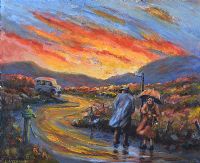 WAITING FOR THE BUS ON A WET & WINDY DAY by James McDonald at Ross's Online Art Auctions
