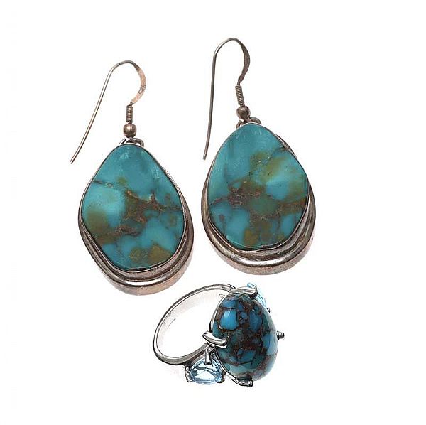 'SUITE OF STERLING SILVER, TOPAZ AND TURQUOISE JEWELLERY'