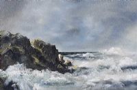 ROUGH SEA OVER THE ROCKS by Mattie Waugh at Ross's Online Art Auctions
