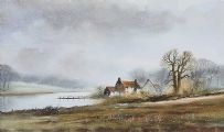 FARM BUILDINGS BY THE LOUGH by Ray Witchard at Ross's Online Art Auctions