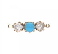 18CT GOLD THREE STONE RING SET WITH FAUX TURQUOISE AND CUBIC ZIRCONIA at Ross's Online Art Auctions