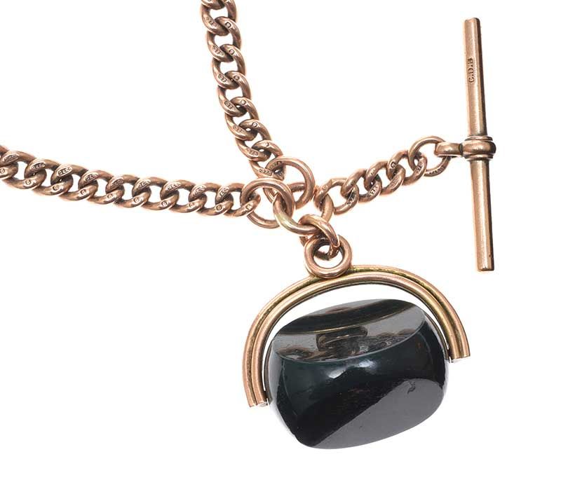 9CT GOLD ALBERT CHAIN WITH BLOOD STONE FOB at Ross's Online Art Auctions