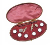 FITTED BOX WITH MOTHER OF PEARL DRESS STUDS IN METAL AND SILVER at Ross's Online Art Auctions