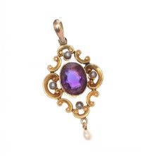GOLD AMETHYST AND SEED PEARL PENDANT at Ross's Online Art Auctions