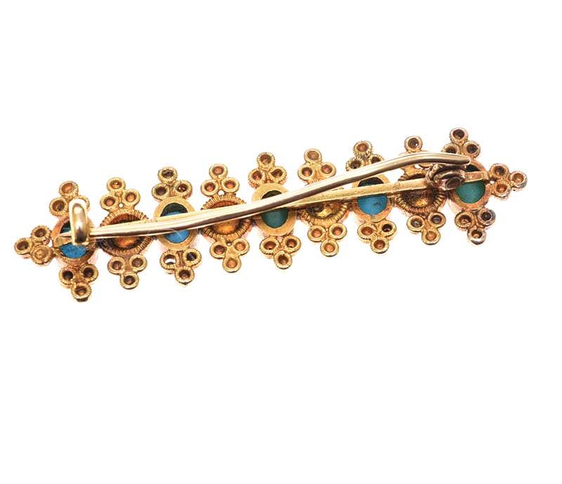 14CT GOLD TURQUOISE AND SEED PEARL BAR BROOCH at Ross's Online Art Auctions