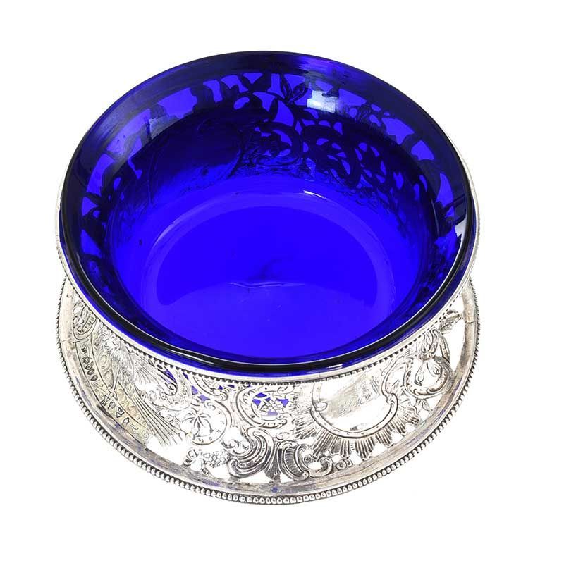 ANTIQUE STERLING SILVER POTATO RING WITH BRISTOL BLUE GLASS LINER at Ross's Online Art Auctions