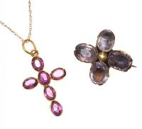 9CT GOLD CHAIN WITH AMETHYST CROSS PENDANT AMETHYST BROOCH at Ross's Online Art Auctions