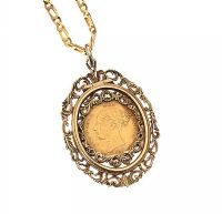 9CT GOLD MOUNTED 1884 YOUNG VICTORIA HEAD HALF SOVEREIGN COIN ON 14CT GOLD CHAIN at Ross's Online Art Auctions