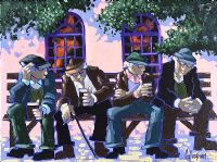 A CHAT ON THE BENCH IN THE VILLAGE SQUARE by George Callaghan at Ross's Online Art Auctions