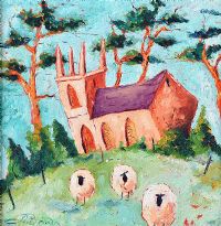 THREE SHEEP BY A CHURCH by Trevor Brown at Ross's Online Art Auctions