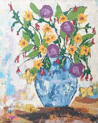 TURQUOISE VASE WITH WILD FLOWERS & BUTTERFLIES by Gerald G. Beattie at Ross's Online Art Auctions