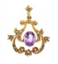 EDWARDIAN 15CT GOLD AMETHYST AND PEARL PENDANT at Ross's Online Art Auctions