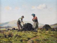 STACKING TURF, BOG IN THE GLENS by Charles McAuley at Ross's Online Art Auctions