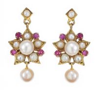 9CT GOLD PEARL AND RUBY EARRINGS at Ross's Online Art Auctions