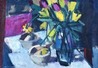 STILL LIFE, MORTOR & PESTLE WITH TULIPS by Brian Ballard RUA at Ross's Online Art Auctions