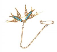 ANTIQUE GOLD-TONE SEED PEARL AND TURQUOISE BROOCH at Ross's Online Art Auctions