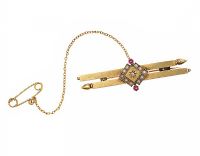 15CT GOLD SEED PEARL, RUBY AND DIAMOND BROOCH at Ross's Online Art Auctions