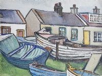 BOATS BY THE COTTAGES by Olive Henry RUA at Ross's Online Art Auctions