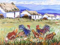 CHICKENS BY THE THATCHED COTTAGES by Marie Carroll at Ross's Online Art Auctions