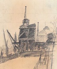 SHIPYARD CRANES by William Conor RHA RUA at Ross's Online Art Auctions