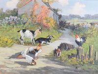 CHICKENS & GOATS IN THE FARMYARD by William Cunningham at Ross's Online Art Auctions