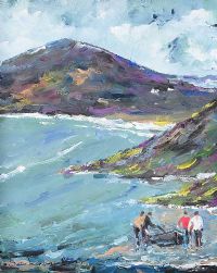 CURRACH MEN AT TRA NA ROSSAN, DOWNINGS by Sean Lorinyenko at Ross's Online Art Auctions