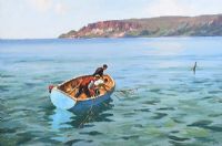 FISHING OFF GARRON POINT, COUNTY ANTRIM by Donal McNaughton at Ross's Online Art Auctions