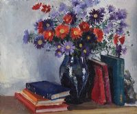 STILL LIFE, VASE OF FLOWERS & BOOKS by Margaret Thomas at Ross's Online Art Auctions