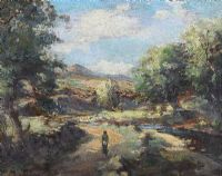 FIGURE ON A PATH BY A RIVER by Charles McAuley at Ross's Online Art Auctions