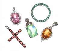 FIVE STERLING SILVER GEM AND CRYSTAL-SET PENDANTS at Ross's Online Art Auctions