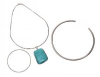 TWO STERLING SILVER NECKLACES AND A BANGLE, ONE COLLAR SET WITH TURQUOISE at Ross's Online Art Auctions