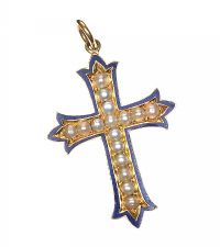 9CT GOLD CROSS PENDANT SET WITH SPLIT PEARLS AND ENAMEL at Ross's Online Art Auctions