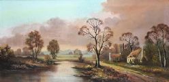 THATCHED COTTAGES BY A RIVER by Wendy Reeves at Ross's Online Art Auctions