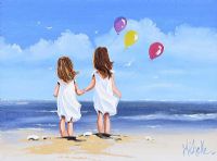 TWO GIRLS ON THE BEACH WITH BALLOONS by Michelle Carlin at Ross's Online Art Auctions