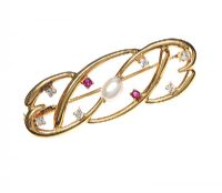 18CT GOLD RUBY, PEARL AND DIAMOND BROOCH at Ross's Online Art Auctions