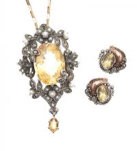 ANTIQUE CITRINE, PEARL AND MARCASITE PENDANT ON 9CT GOLD CHAIN WITH MATCHING GOLD AND SILVER EARRINGS at Ross's Online Art Auctions