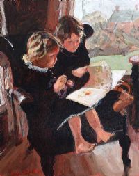 LITTLE GIRLS READING BY WINDOW by Rowland Davidson at Ross's Online Art Auctions