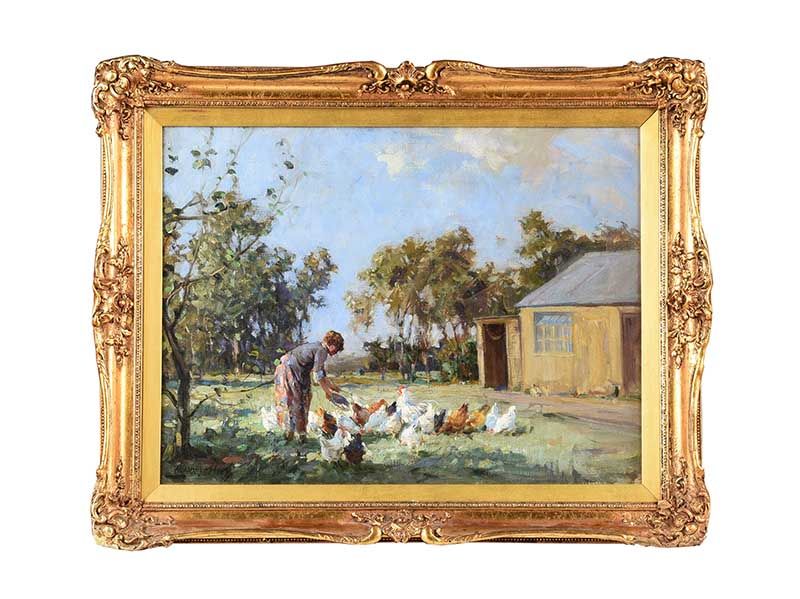 FEEDING CHICKENS IN THE GLENS by Frank McKelvey RHA RUA at Ross's Online Art Auctions