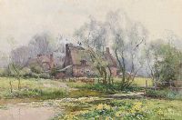 FARM BUILDINGS BY A RIVER by Ernest William Haslehust at Ross's Online Art Auctions