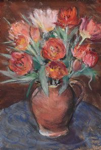 STILL LIFE, RED TULIPS IN A TERRACOTTA JUG by Hilary Bryson at Ross's Online Art Auctions