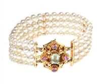 VINTAGE FOUR ROW PEARL BANGLE WITH GEM-SET GOLD CLASP at Ross's Online Art Auctions