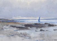 ESTUARY WITH SAIL BOAT & SAND DUNES by William Percy French at Ross's Online Art Auctions