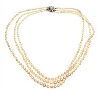 TRIPLE STRAND OF CULTURED PEARLS WITH 9CT GOLD CLASP at Ross's Online Art Auctions